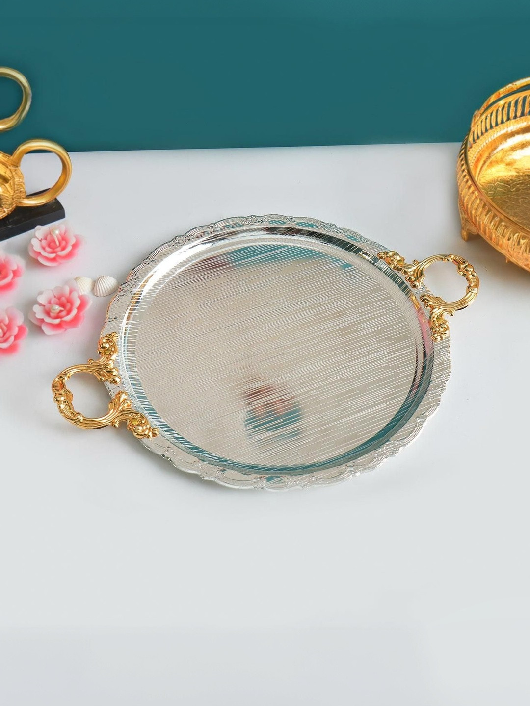 MARKET99 Textured Glossy Oval Decorative Tray with Gold/Silver Handles Desk Organisers