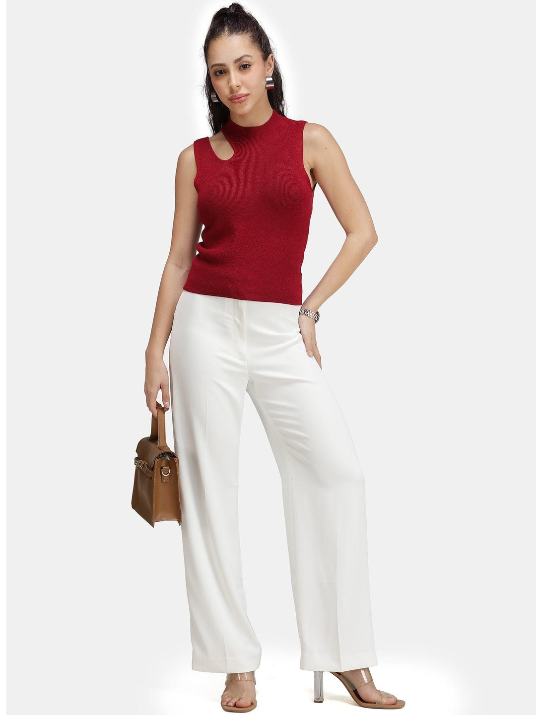 Virgio Women Solid Viscose High Neck Cut-Out Flat Knit Tank Top