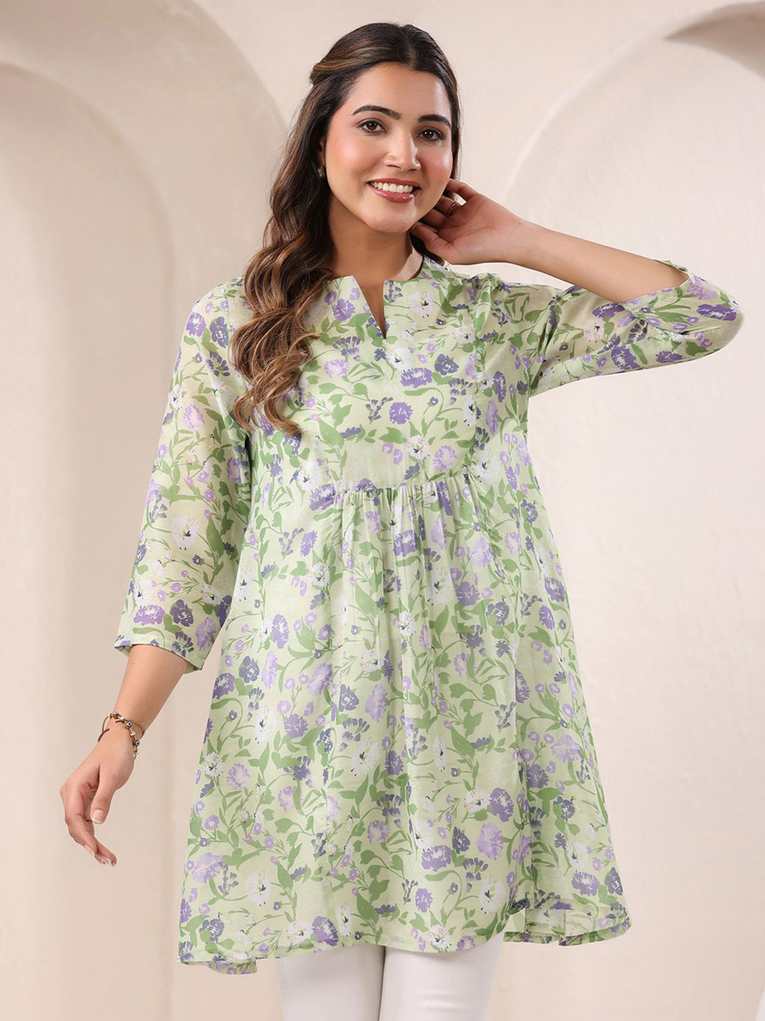 KALINI Women's Floral Printed Lace Inserts A-line Tunic