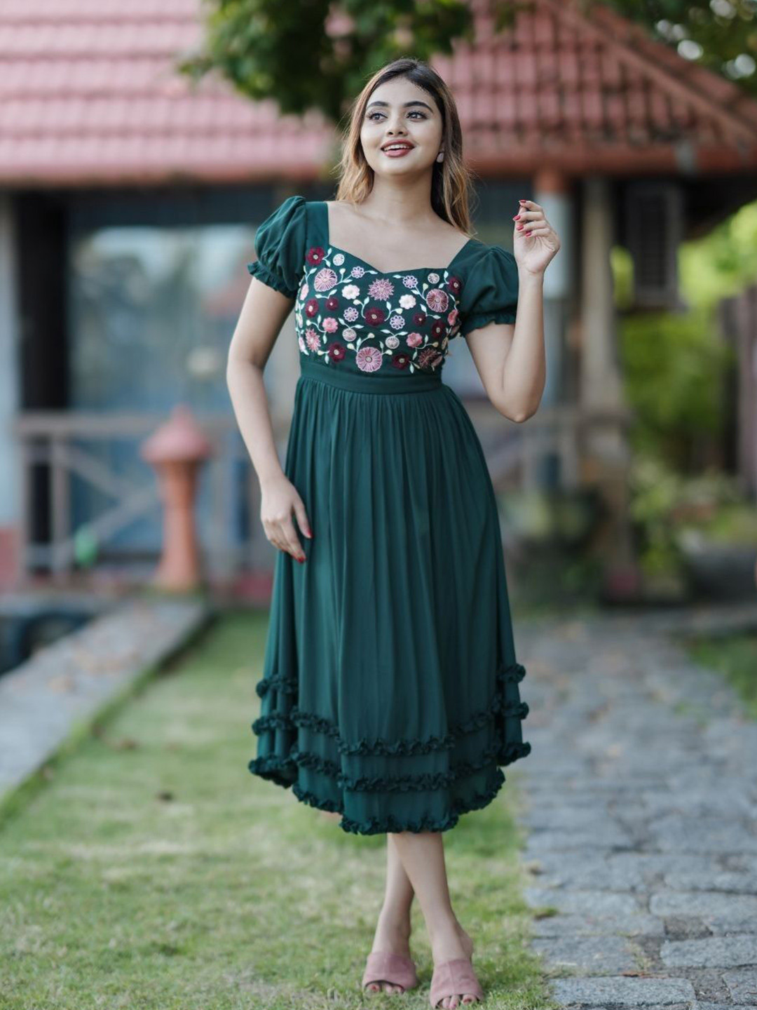 Sadhnazon Floral Embroidered Puff Sleeve Fit & Flare Midi Dress