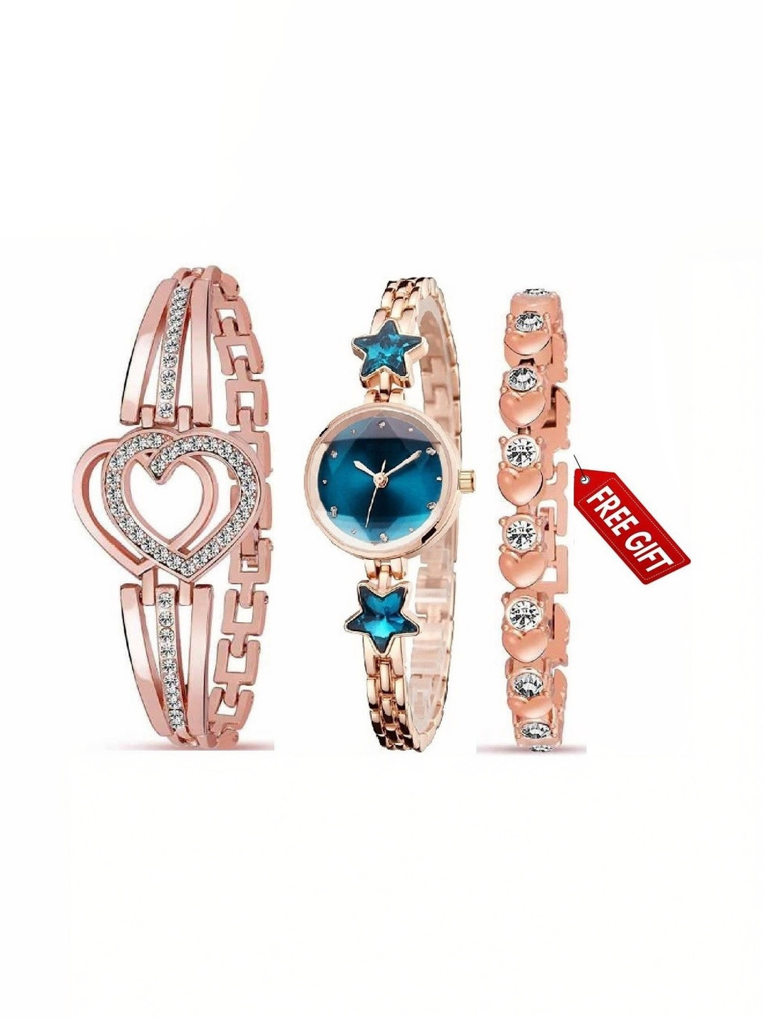 SZN Women Dial & Stainless Steel Straps Analogue Watch Star Blue&Heart&Bracelet Gold -V