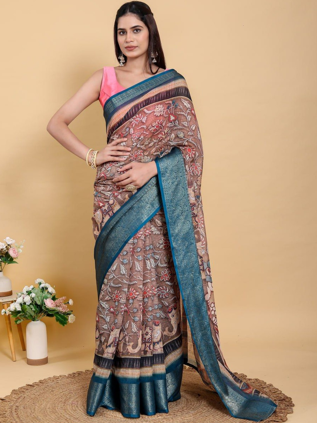 DAATAR Ethnic Motifs Printed Woven Design Border Saree