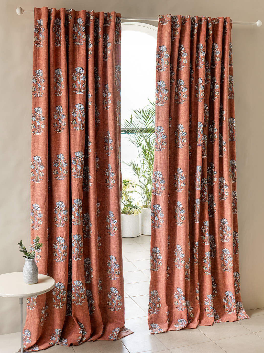 Tranquebar Home Coral 2 Pcs Floral Printed Fade Resistant Black Out Window Curtains