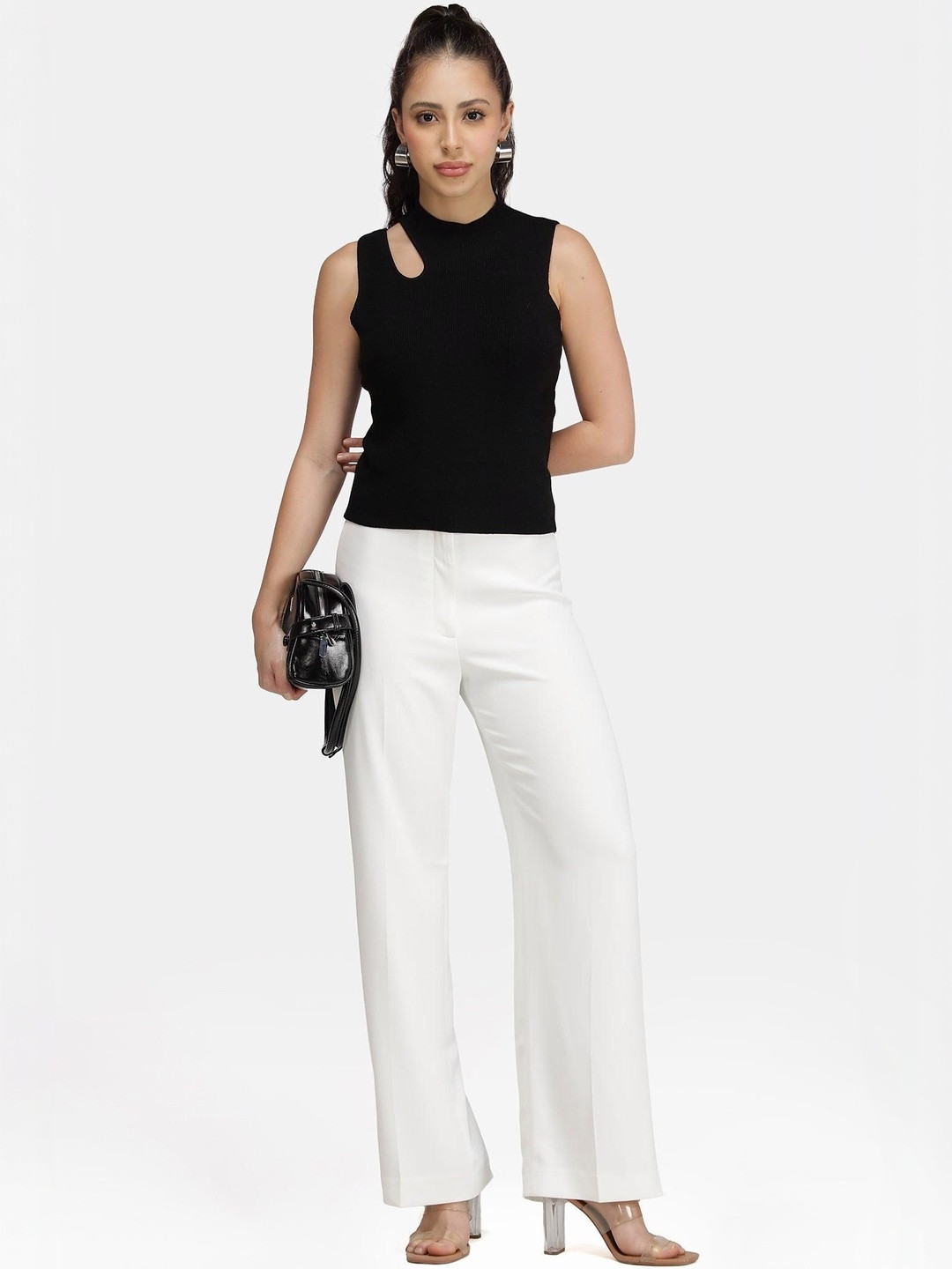 Virgio Women Solid Viscose High Neck Cut-Out Flat Knit Tank Top