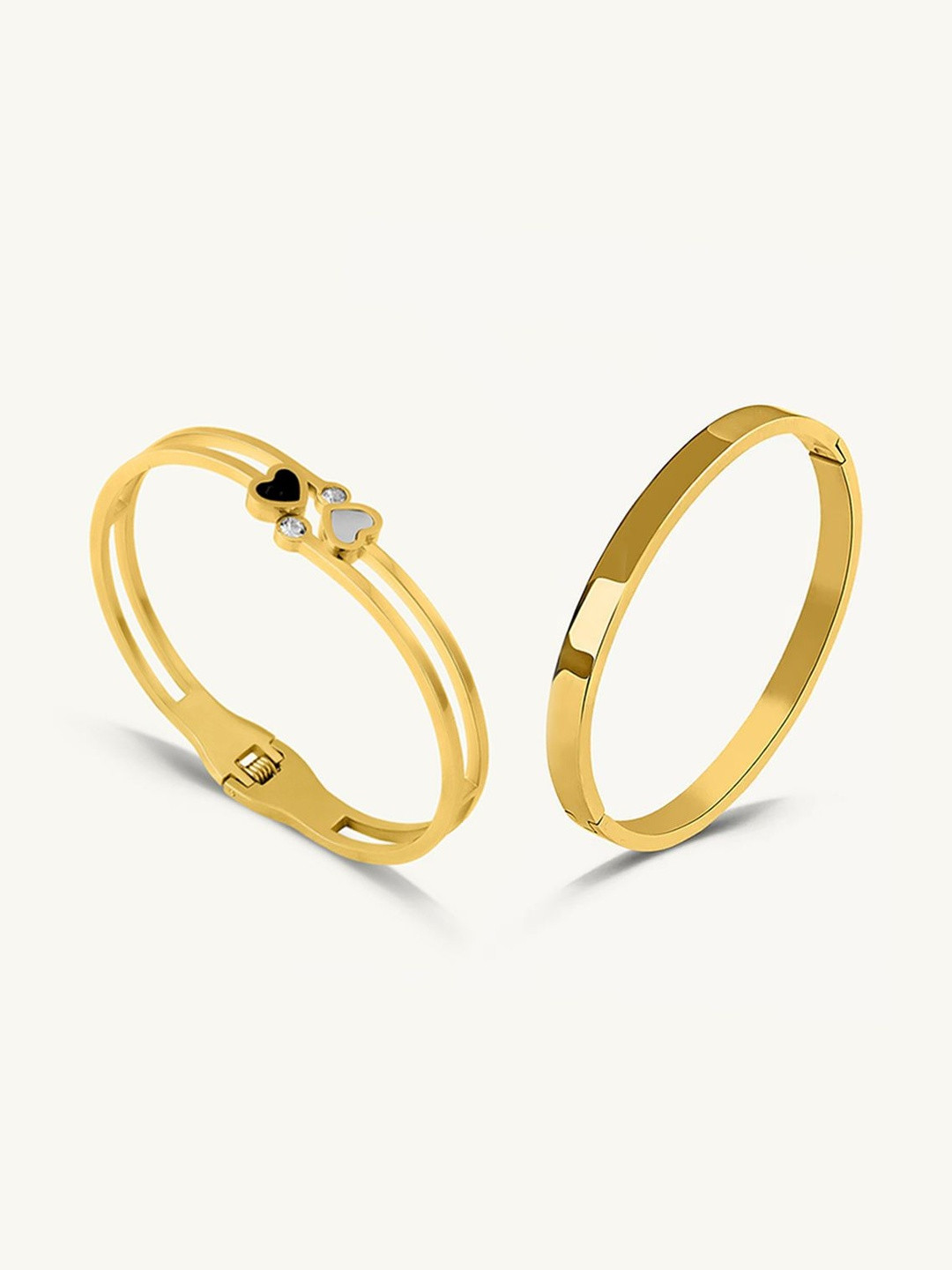 PALMONAS Plain Stackable Bangle Bracelet & Heart Of Gold Bracelet Set