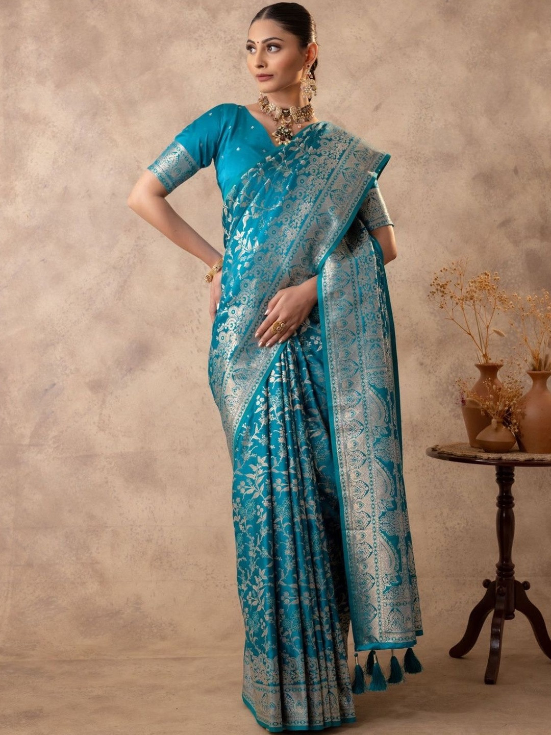 VARYAM Floral Woven Design Zari Banarasi Satin Saree With Blouse Piece