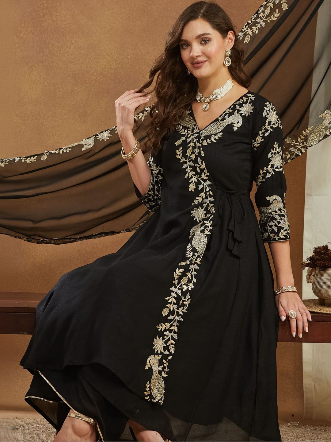 KAVINDI Women Ethnic Motifs Embroidered Angrakha Anarkali Kurta with Palazzos & Dupatta