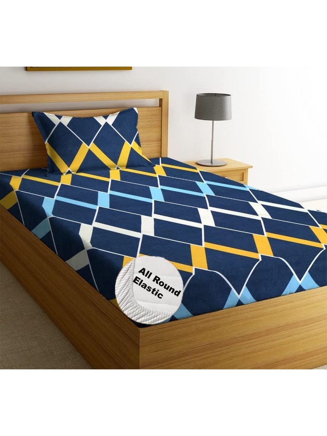 Homybees Navy Blue Geometric 220 TC Single Bedsheet with 1 Pillow Covers
