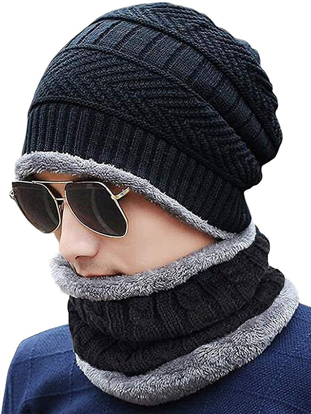 FLEXCYCAP Unisex Cable Knit Self Design Woollen Beanie Caps With Muffler Scarf Cap