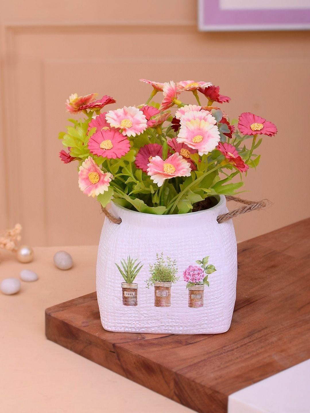 Myntra Elegant Homes Pink Daisy Artificial Flowers With Ceramic Pot