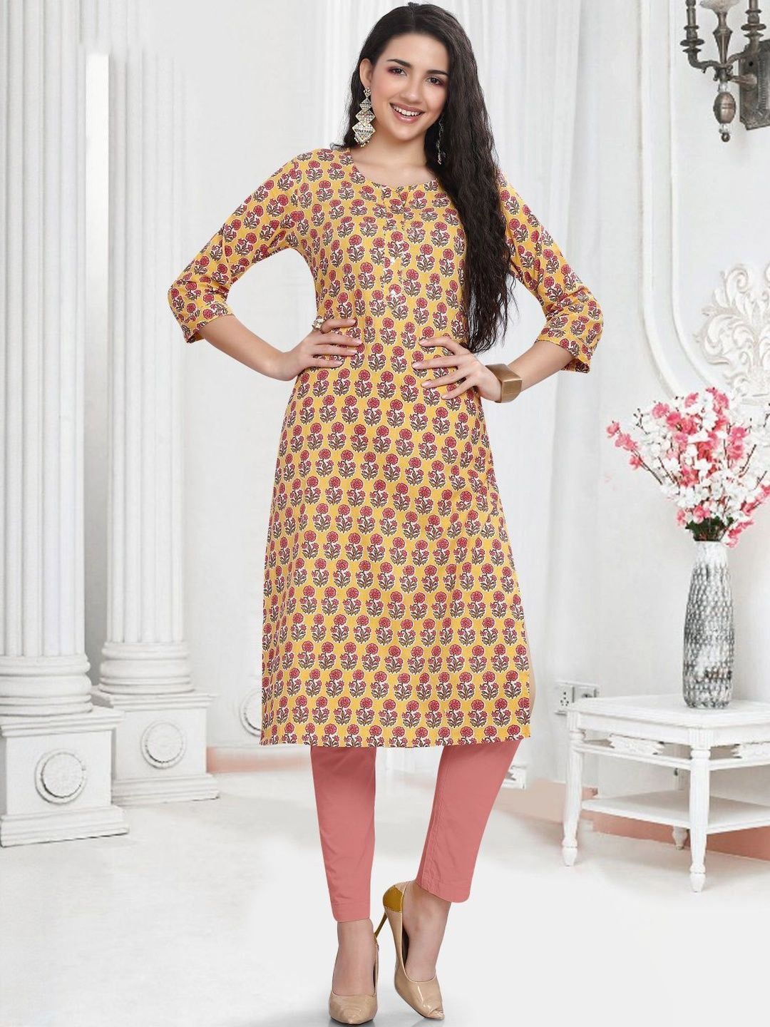 GREAT OUTFITS Women Floral Printed Pure Cotton Calf Length Straight Kurtas