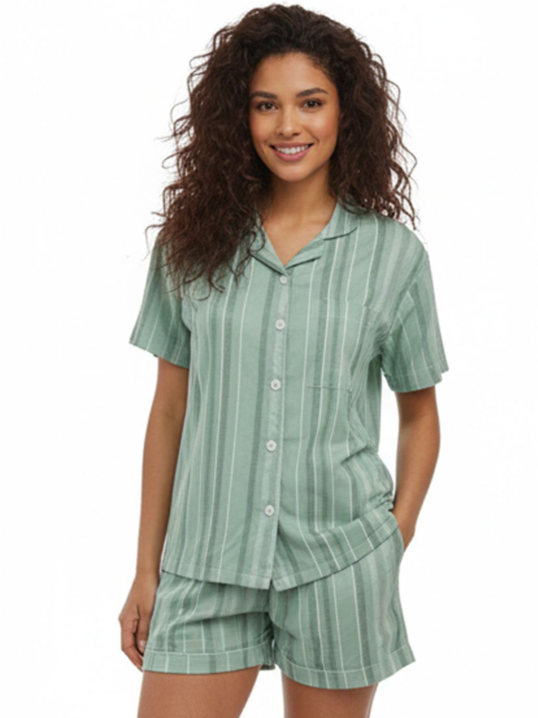 TrendVerse Women Striped Short Sleeves Pure Cotton 1 Shirt & 1 Shorts Night suit