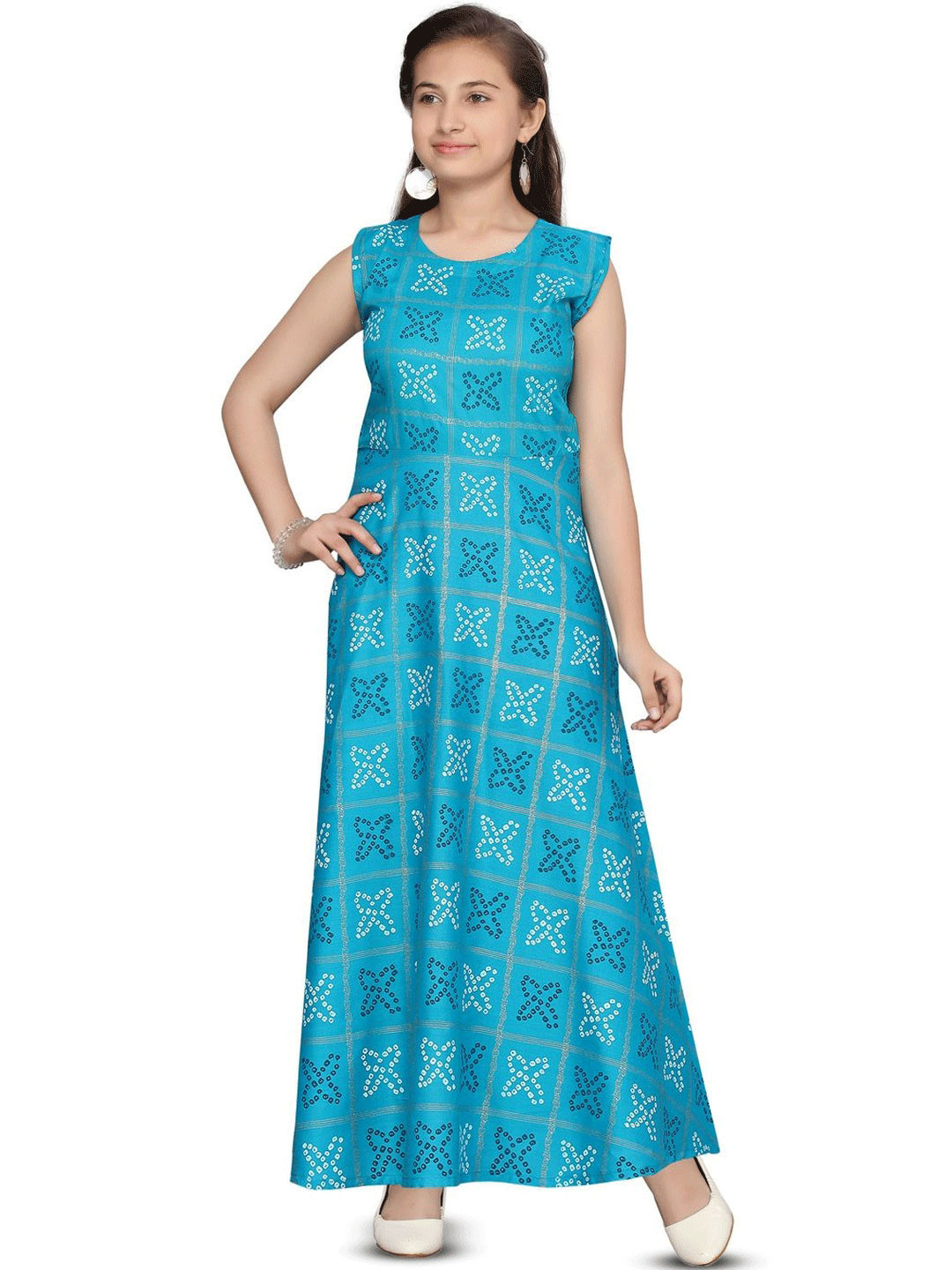 Muhuratam Girls Cotton Paisley Round Neck Maxi Dresses