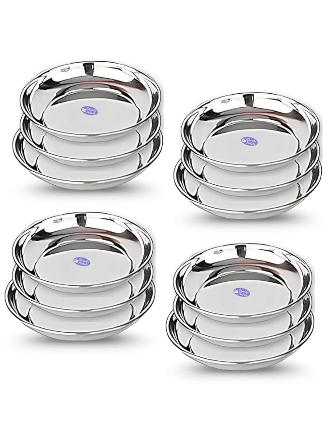 Sharda Metals Set of 12 Silver Toned Stainless Steel Serving Small Dishwasher Safe Plates