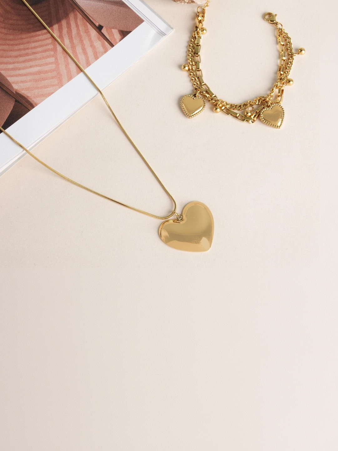 PALMONAS Stainless Steel Hearts All Over Bracelet & Necklace Set