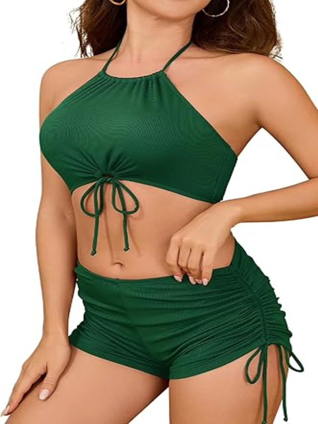 Rlanos Halter Neck Ruched Detailing High-Waist Swim Bikini Set