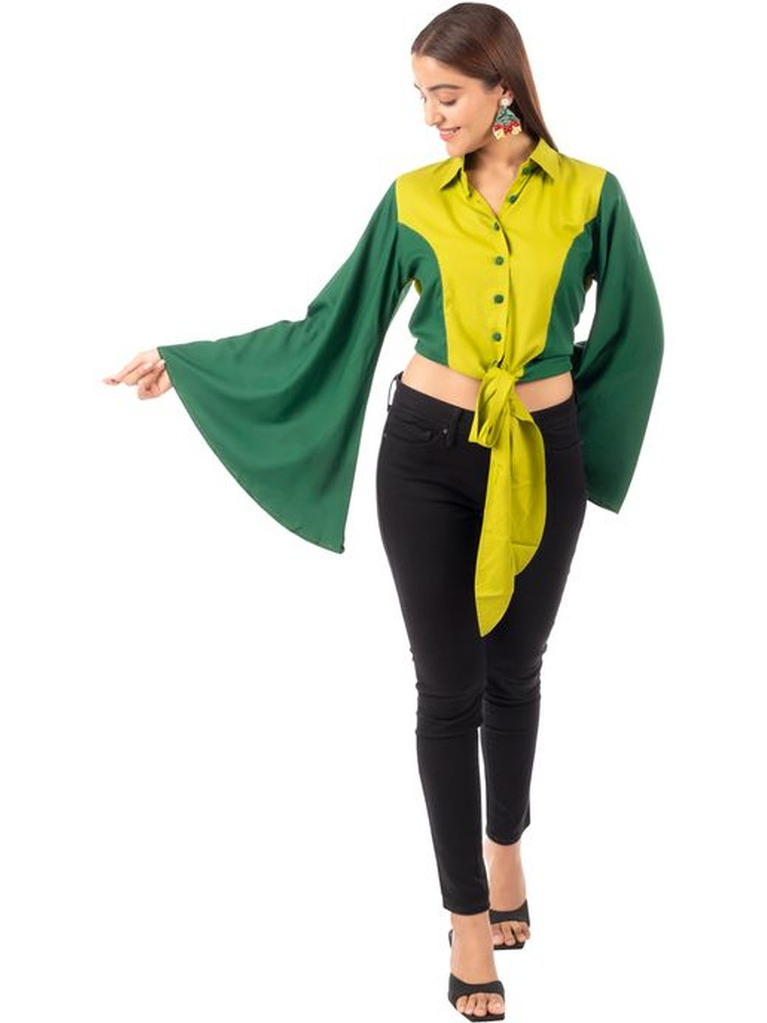 Purple Haze Colourblocked Flared Sleeve Shirt Style Crop Top