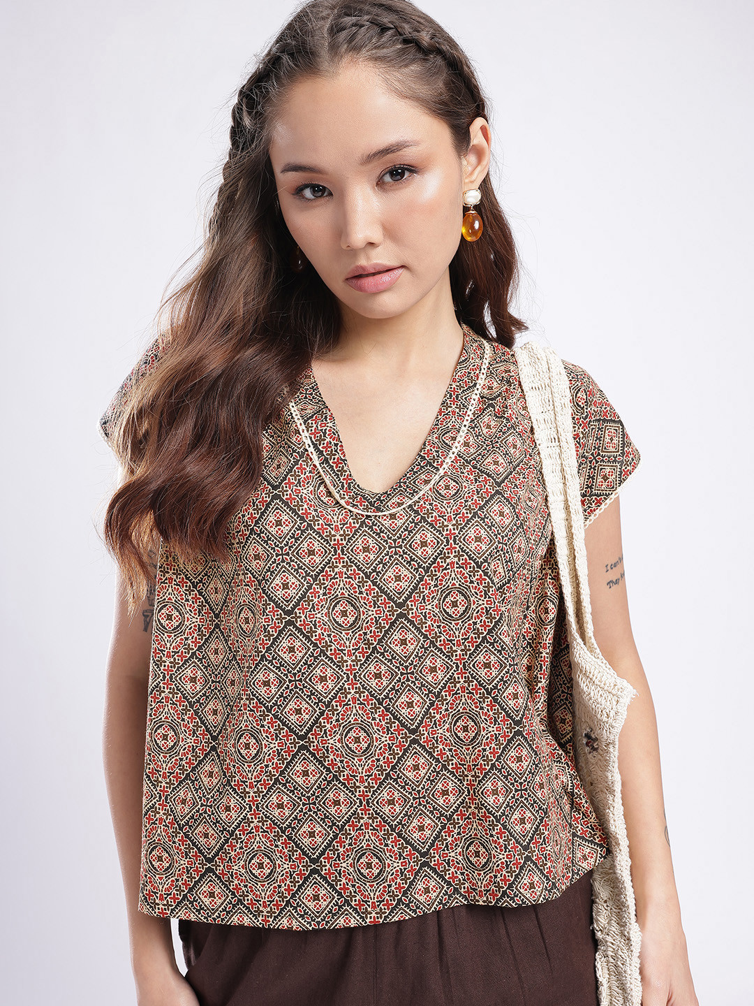 fusion by glitchez Geometric Printed Boxy Top