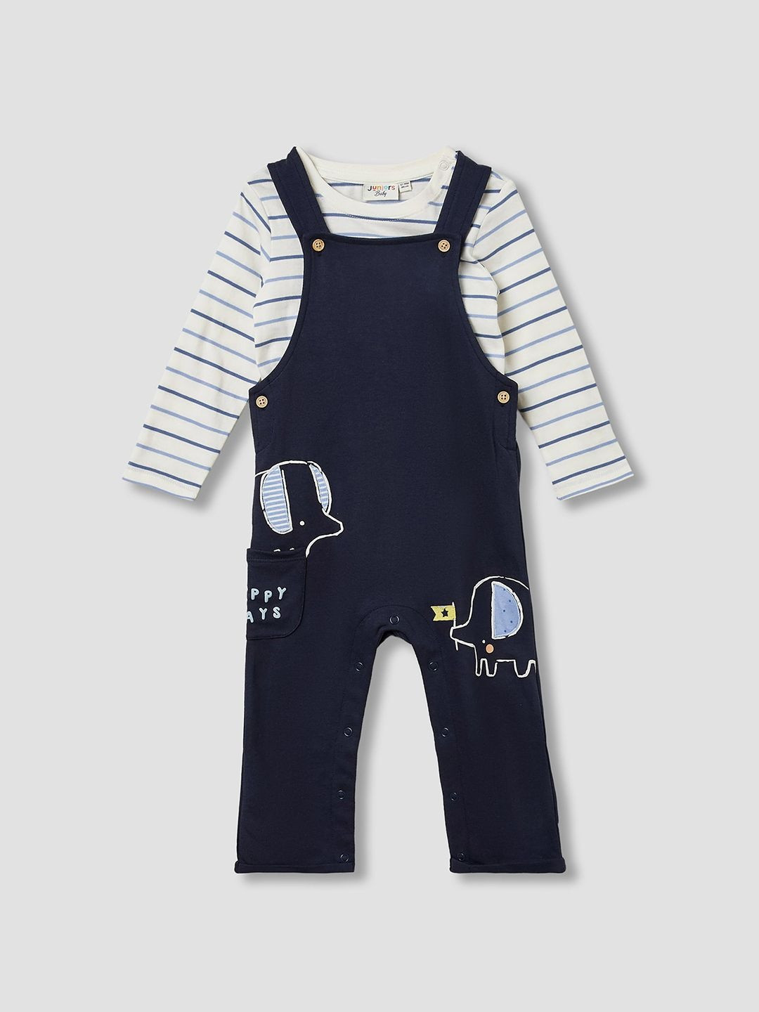 Juniors by Babyshop Boys Elephant Applique Cotton Dungaree With T-Shirt