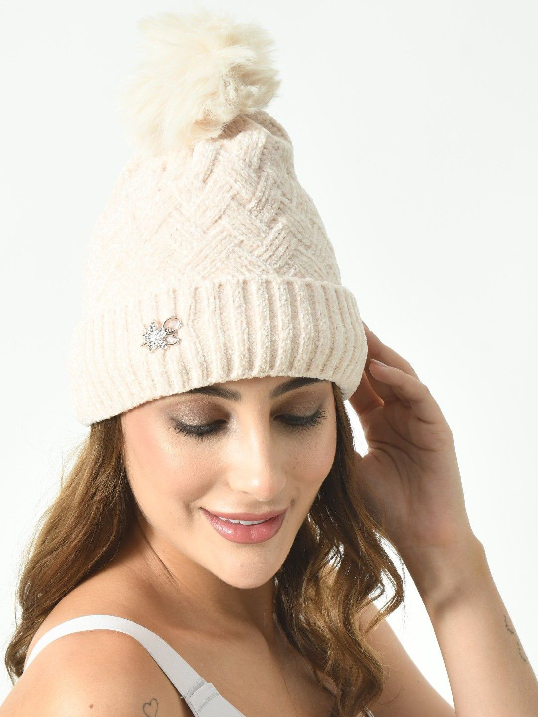 LADONNA Women Self Design Woollen Warm Winter Beanie Cap With Pompom On Top