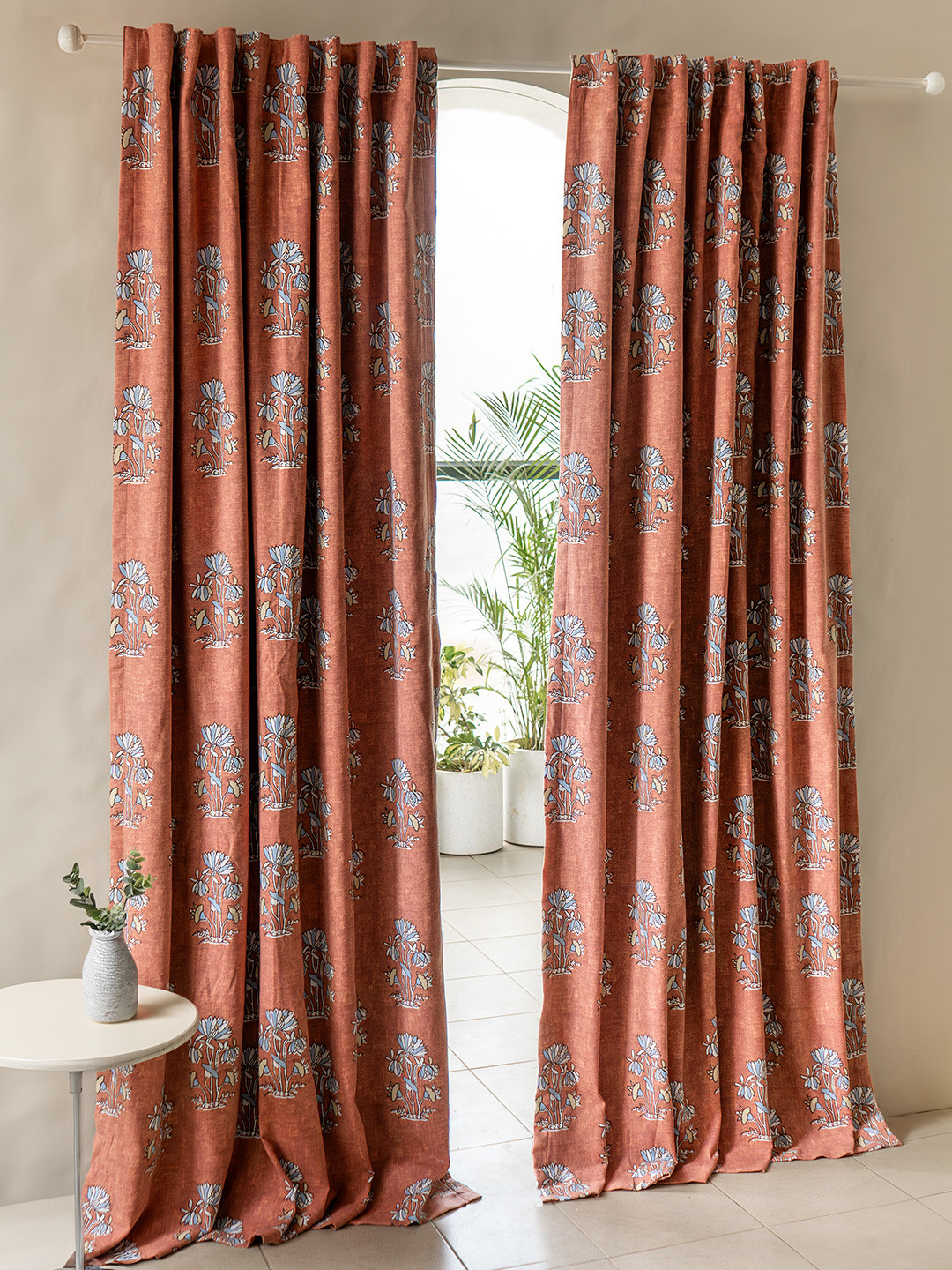 Tranquebar Home Coral 2 Pcs Floral Printed Fade Resistant Black Out Door Curtains