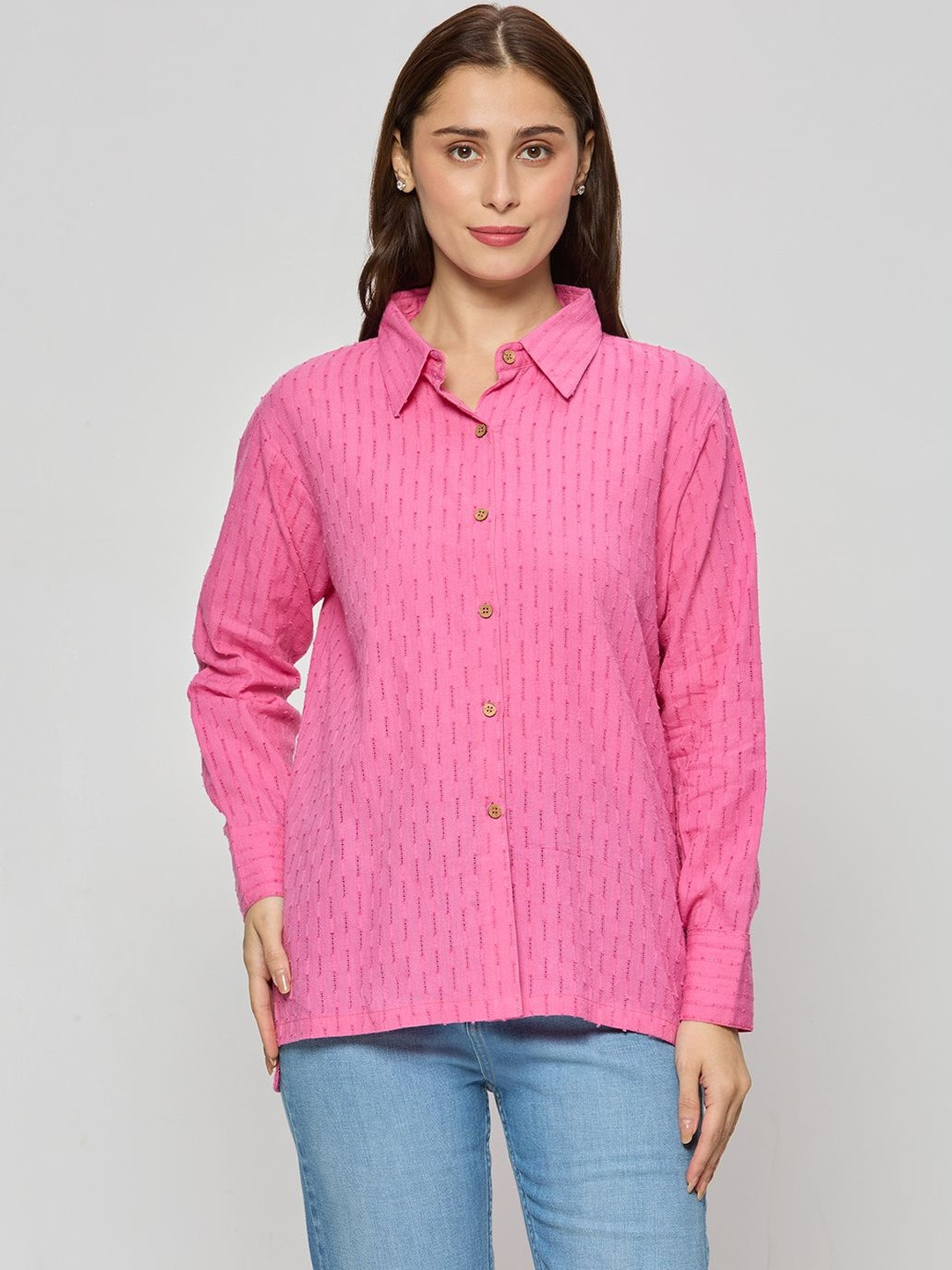 Autumn Hues Self Design Cotton Shirt Style Top