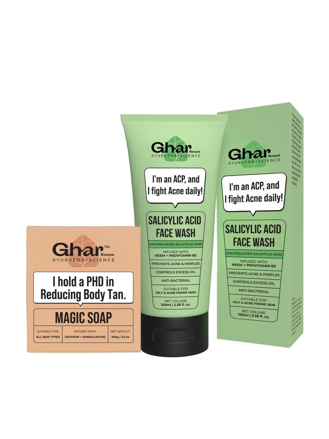 GHAR SOAPS Set of Saffron Sandalwood Magic Soap 100g & Salicylic Acid Face Wash 100ml