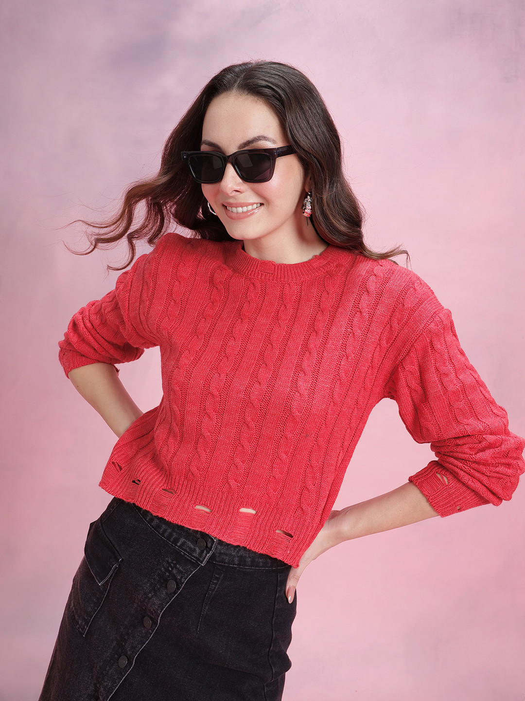 DressBerry Cable Knit Pullover with Distressed Ribbed Hem