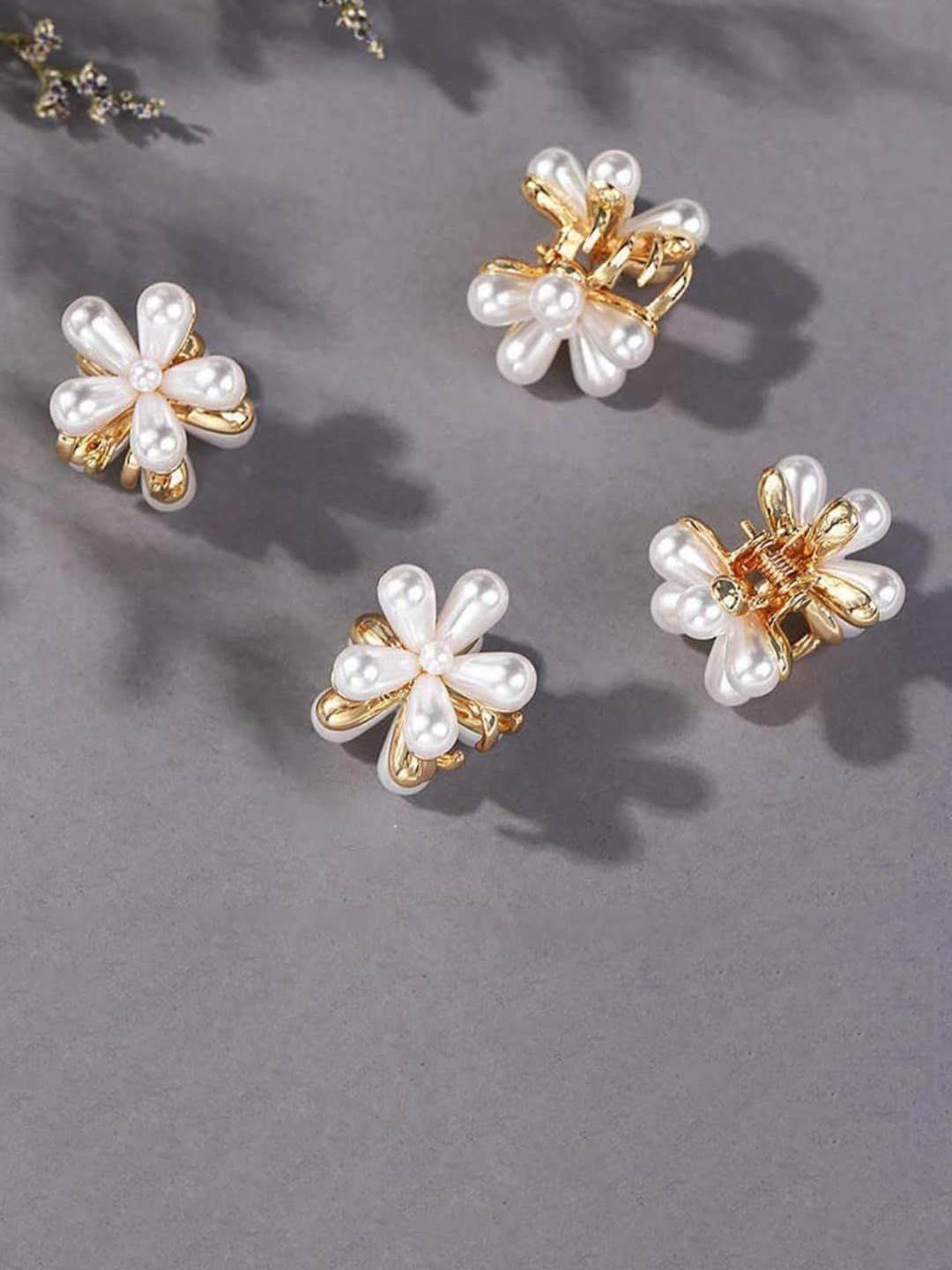 BEAUTY GIRLS Women Set of 4 Floral Design Gold Toned Pearl Studded Mini Hair Claw Clip