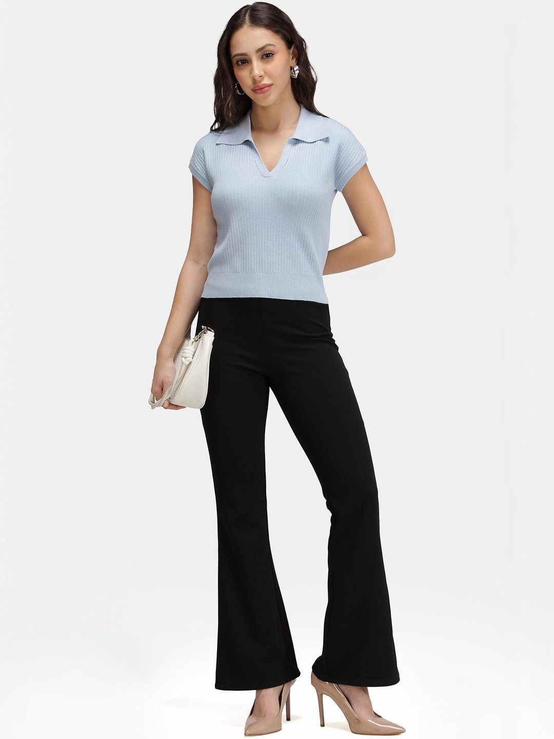 Virgio Women Solid Viscose V-Neck Short Sleeves Polo Vest