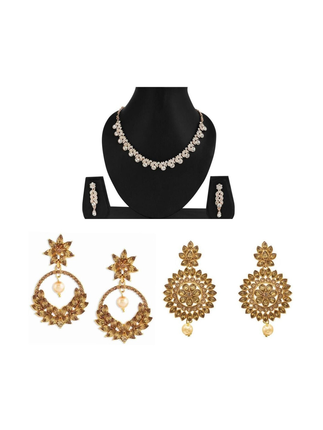Women Click Stone-Studded Copper Jewellery Set With Set Of 3 Earrings