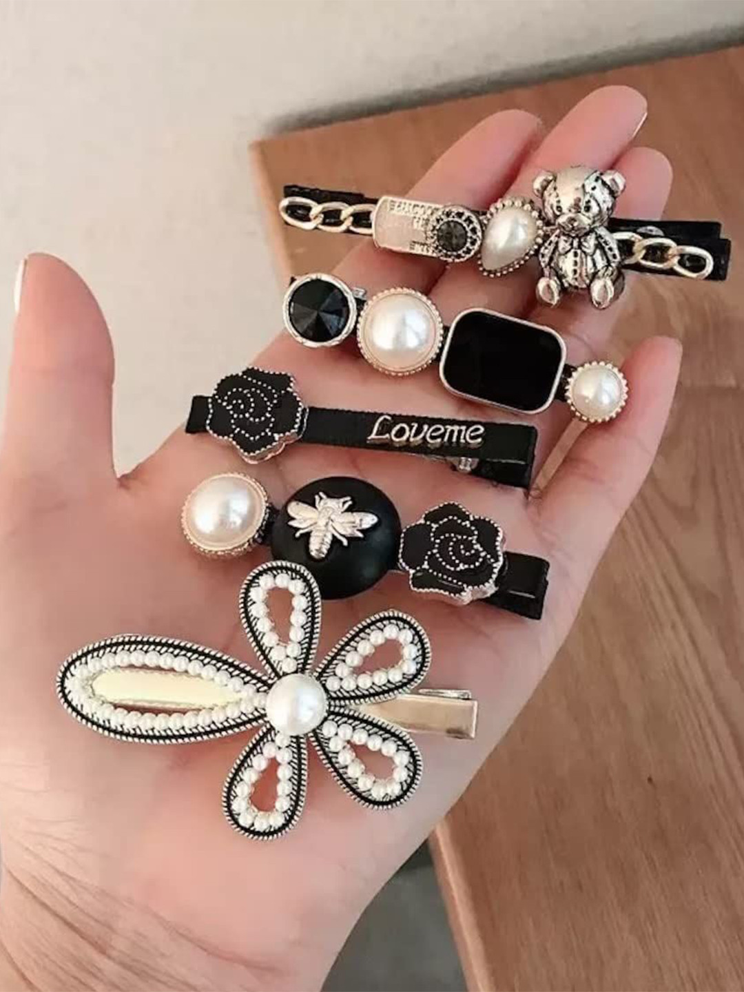 KHANBAGSTORE Women Set Of 11 Korean Clips and Pins Beaded Alligator Hair Clip