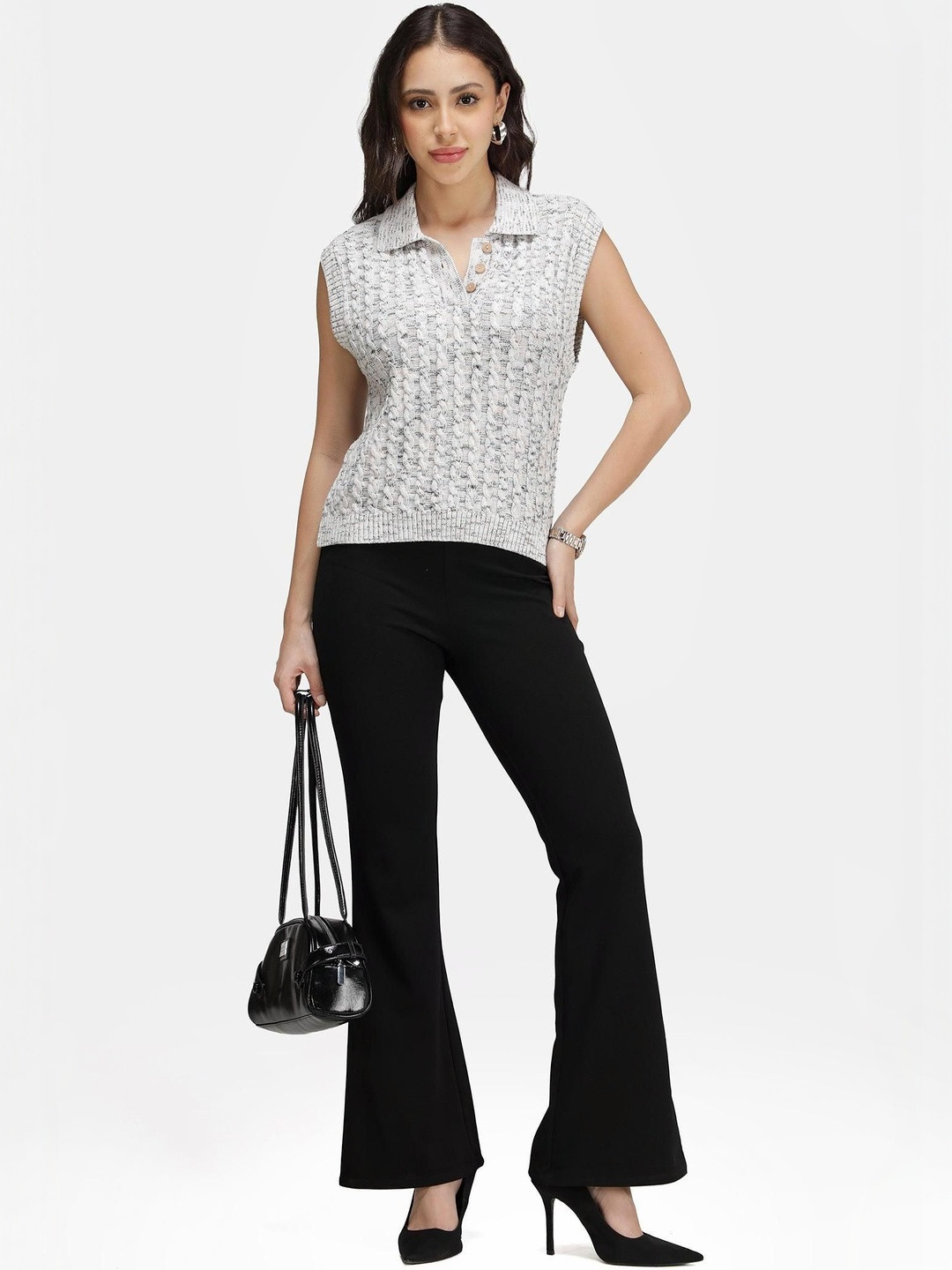 Virgio Women Solid Cotton Sleeveless Cable-Knit Polo Sweater Vest