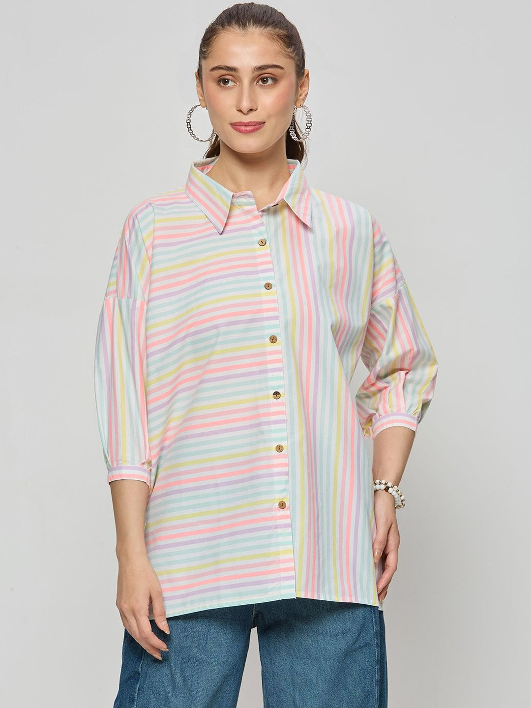 Autumn Hues Stripes Print Shirt Collar Top