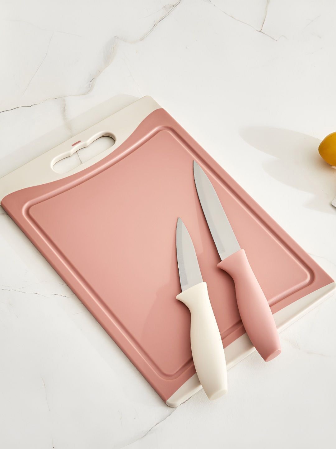 Home Centre Jarvis Brilon 2Pcs Peach-Colored Stainless Steel Knives With Chopping Board