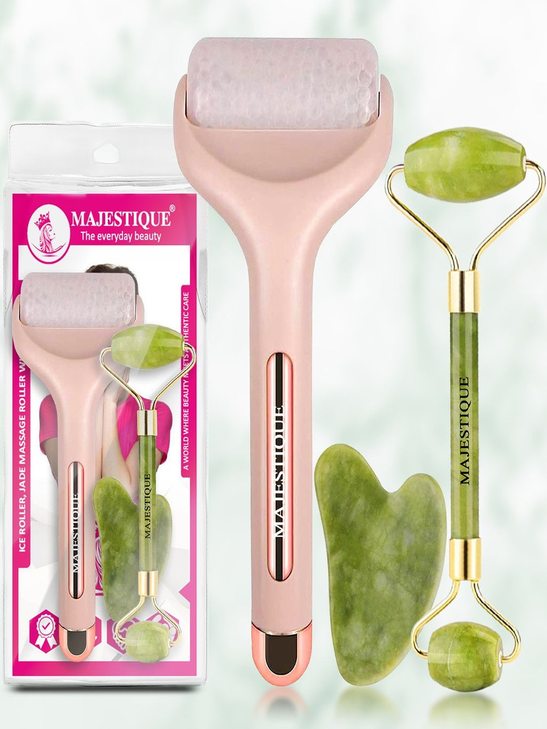 MAJESTIQUE Set Of 3 Ice Roller With  Jade Massager & Gua Sha For Lifting