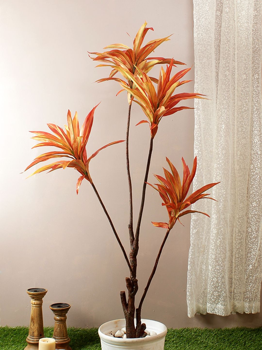 Myntra Elegant Homes Yellow & Orange Dracaena Artificial Plant With Pot