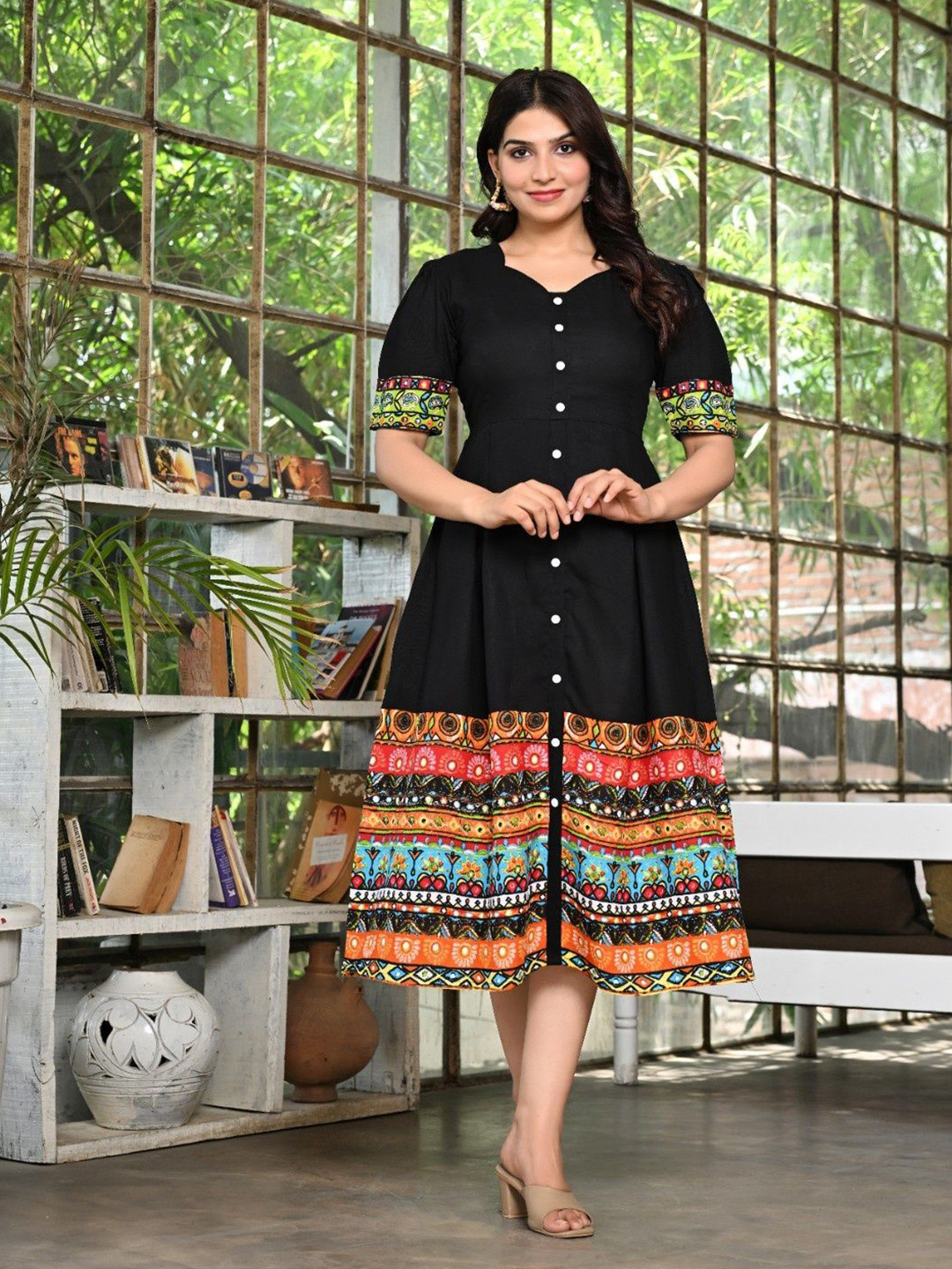 Sadhnazon Ethnic Motifs Print Puff Sleeve A-Line Midi Dress