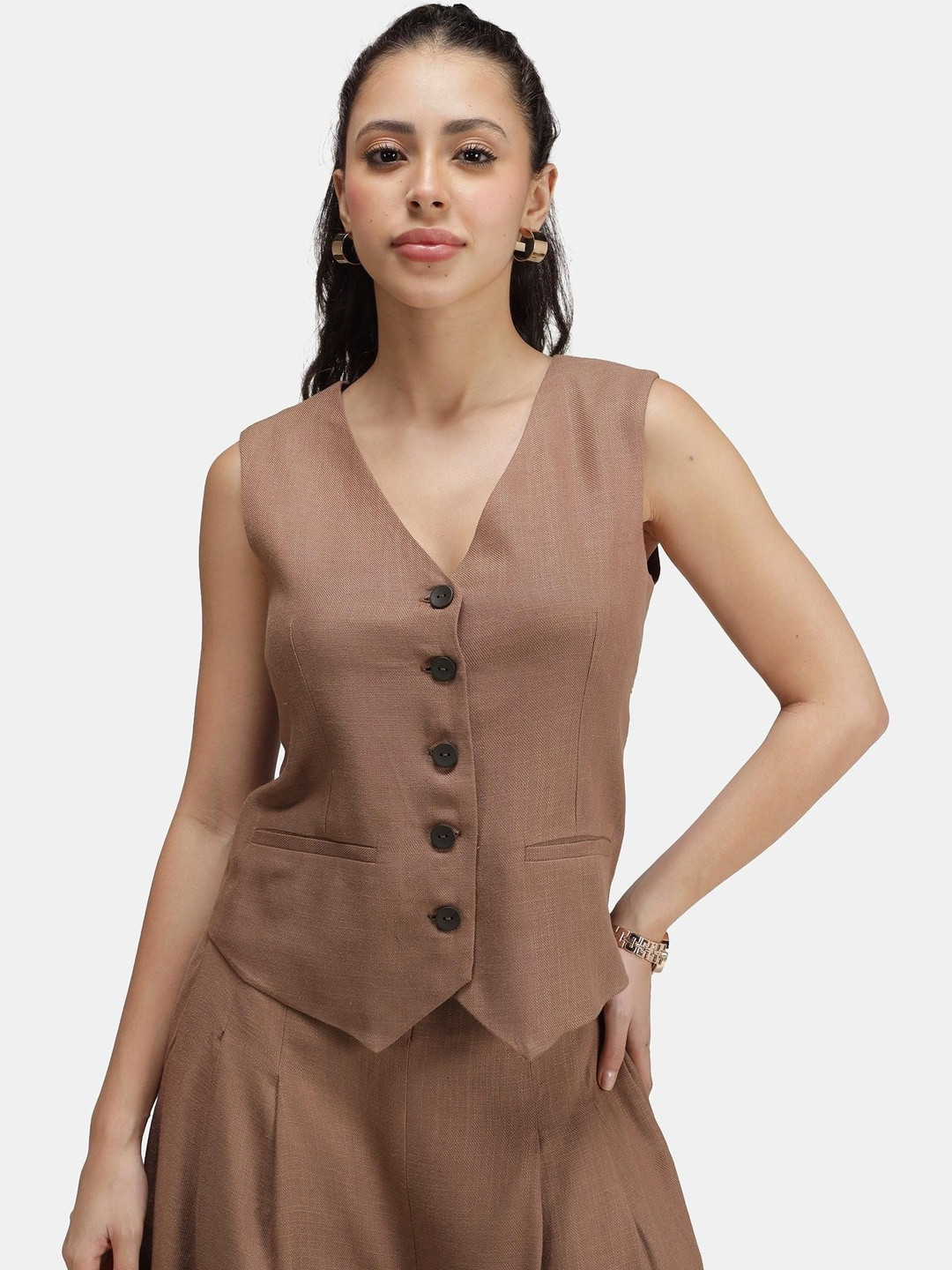 Virgio Women Solid Linen V-Neck Sleeveless Vest Top