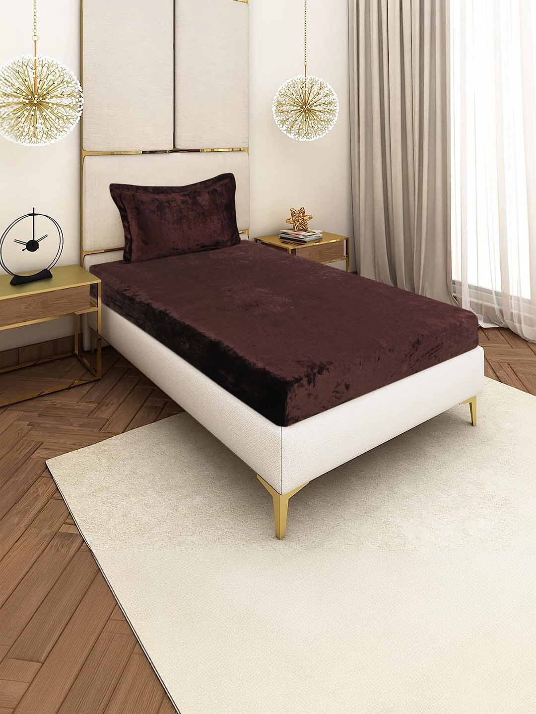 BLUEDOT Brown Velvet Woolen Warm 220 TC Single Fitted Bedsheet With 1 Pillow Cover