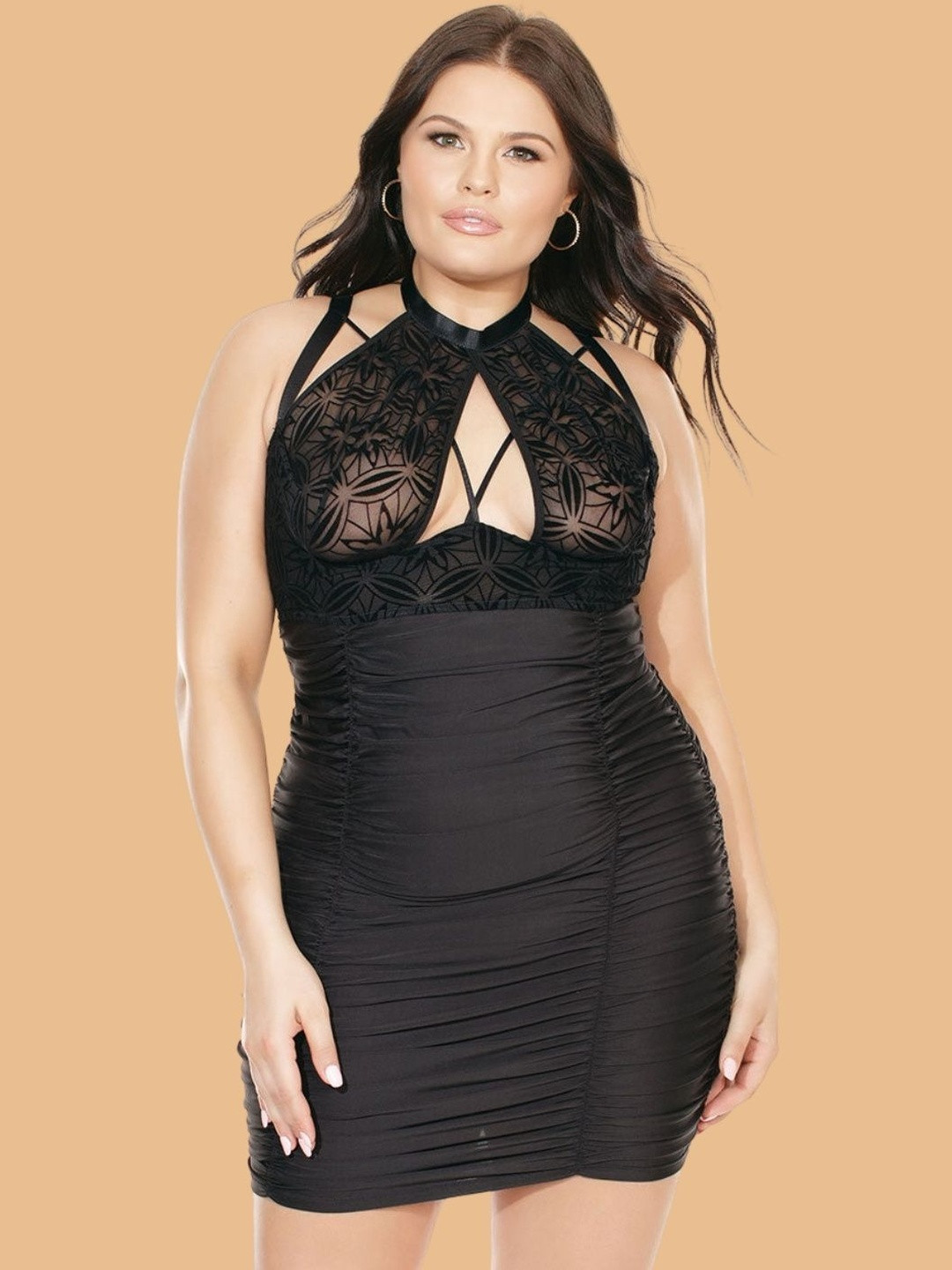 ZERJAMA Women Plus Size Ruched Self Design Mesh Halter Mini Baby Doll