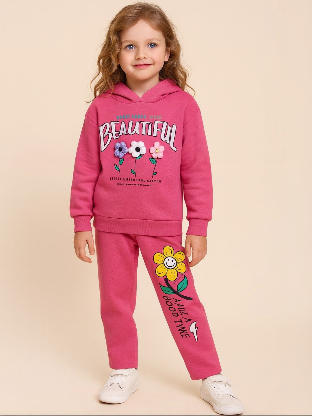 YK Girls Full Sleeves Beautiful Floral Print Hooded Sweatshirt With Pajama