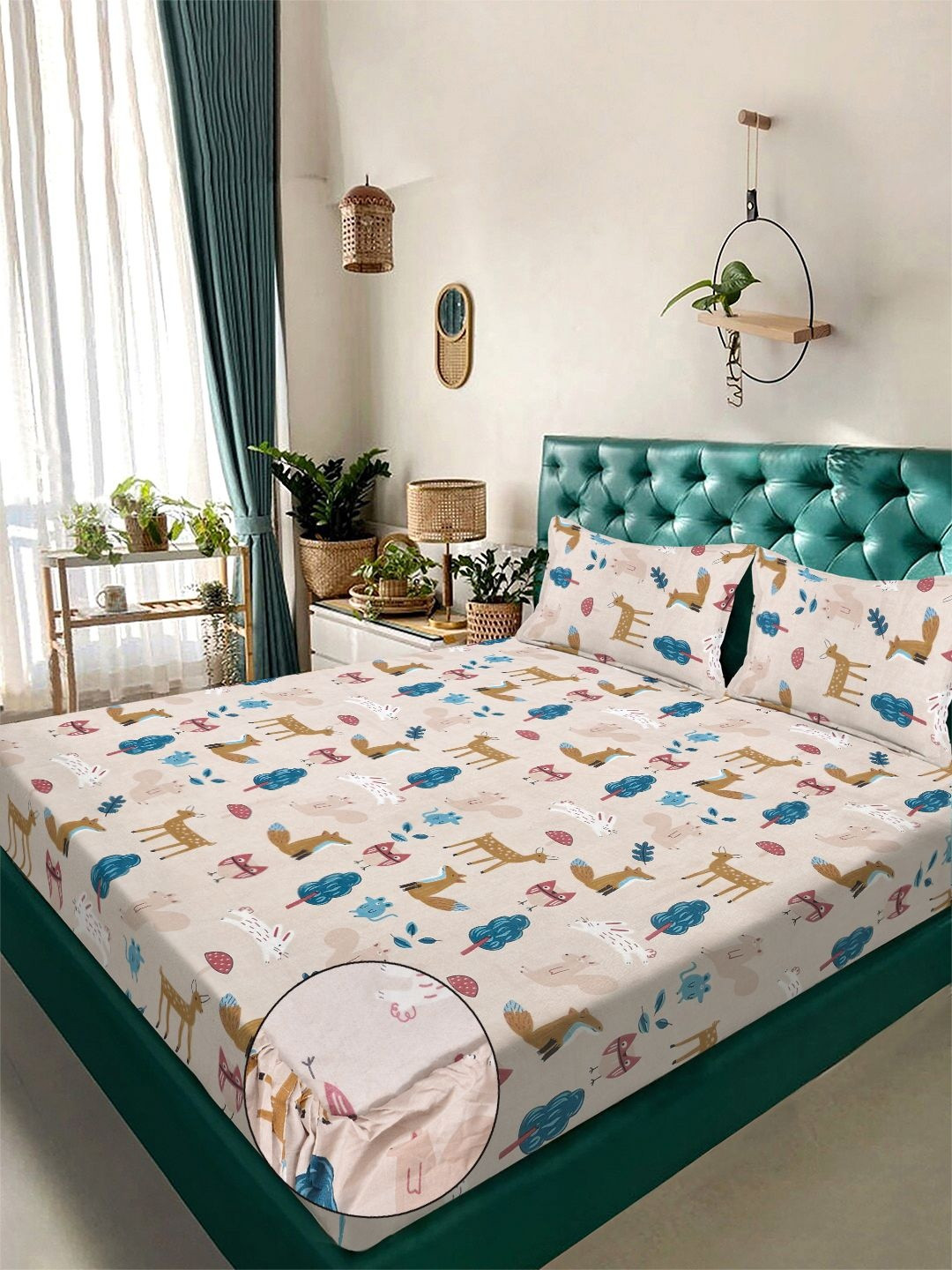 KLOTTHE Beige Cartoon 300 TC Double Size Fine Bedsheet With Pillow Covers - 98 x 88 In