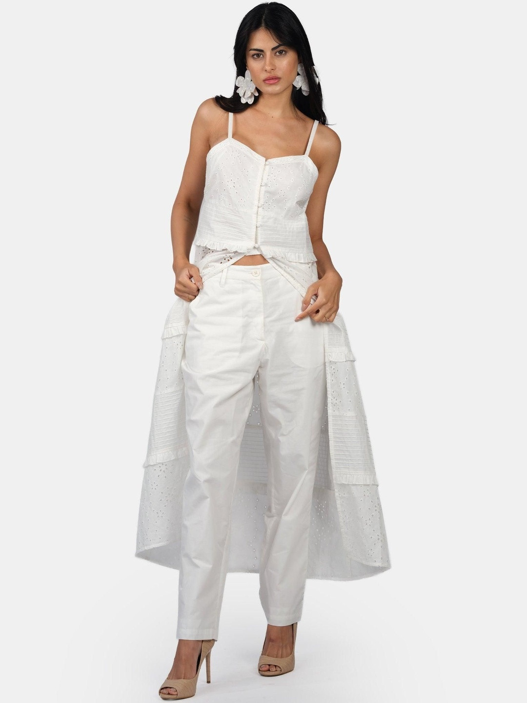 Virgio Women Solid Cotton Shoulder Straps Lace Panel Maxi Top