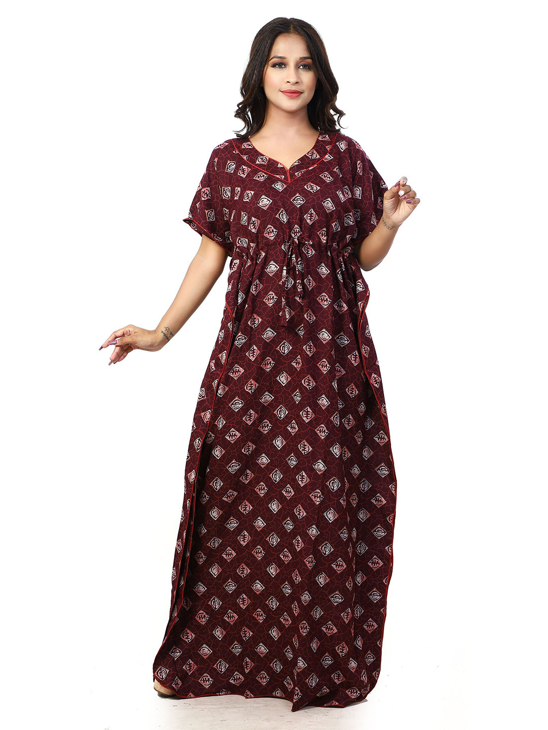 NIGHTFAB Women Geometric Printed Kaftan Nighty Maxi Nightdress