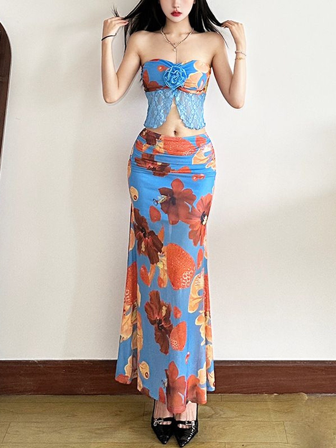 StyleCast x Revolte Blue Floral Maxi Skirt