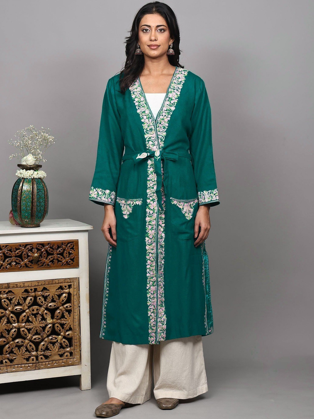 Exotic India Women Kashmiri Robe With Aari Embroidered Paisley Border & Front Pockets