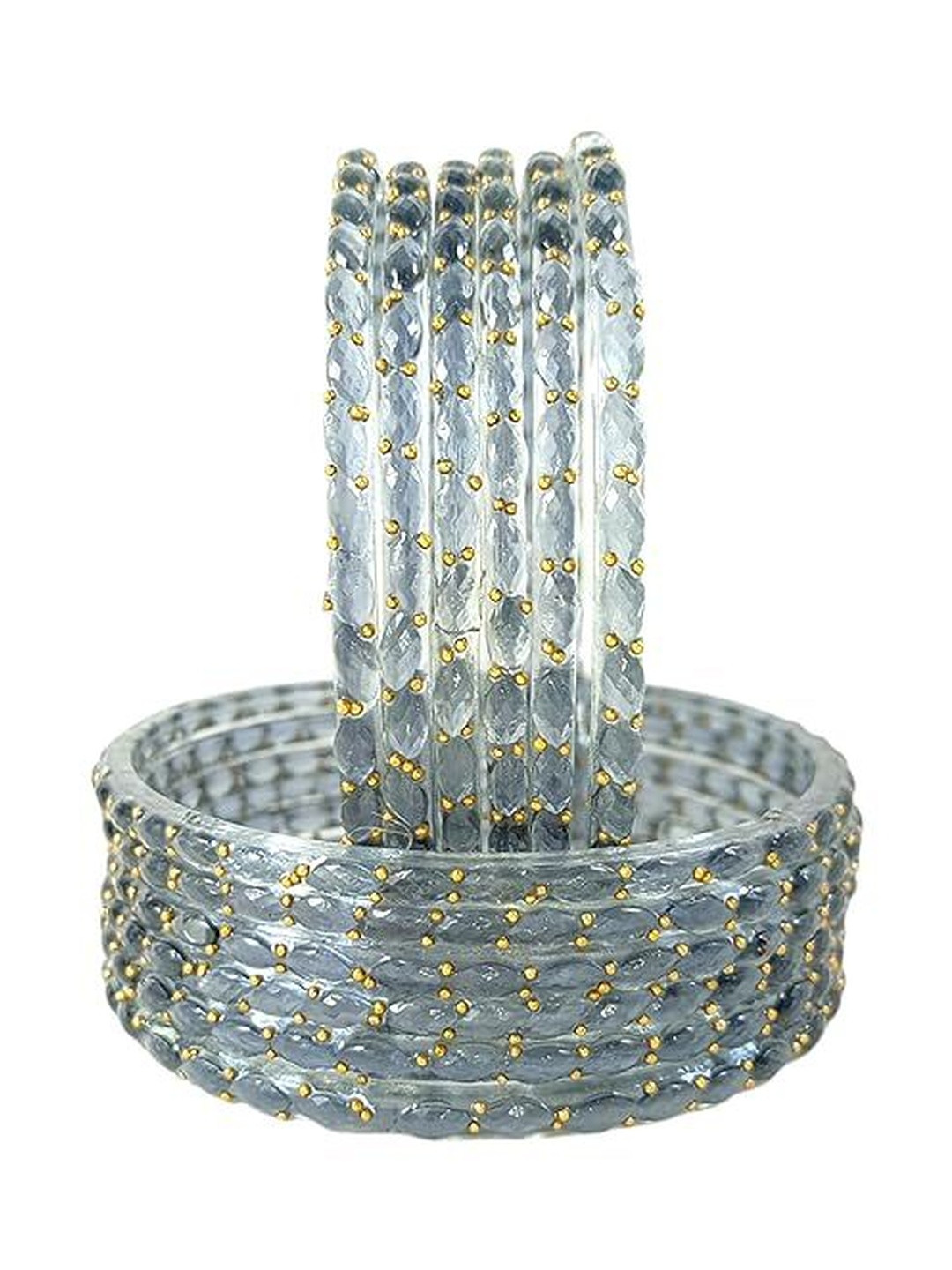 Coolest Set Of 12 Stone Studded With Diamond Cut Beaded Glass Bangles