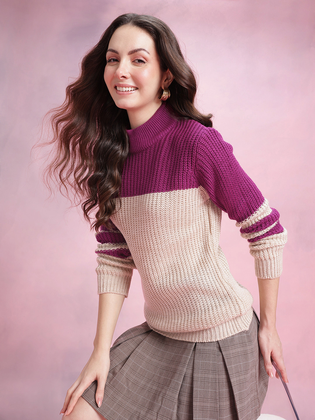 DressBerry  Colourblocked Turtle Neck Ribed Pullover