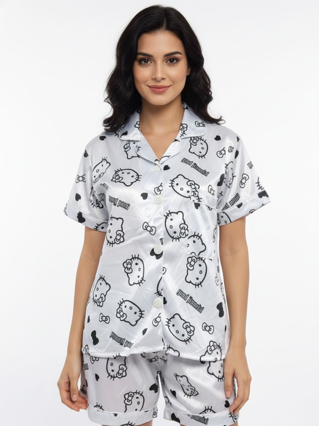 TrendVerse Women Graphic Printed Lapel Collar Shirt & Shorts Night suit